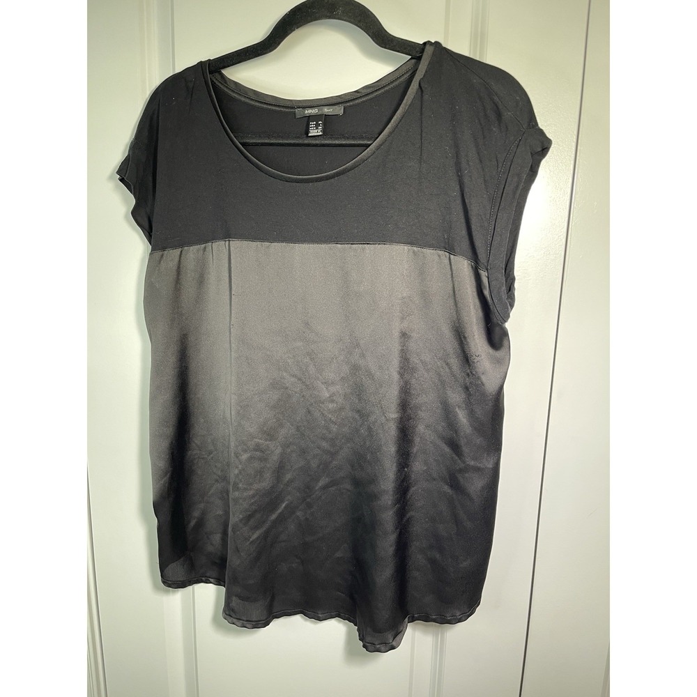 MNG Suit Basics Shirt Women Size Large Black Viscose Short Sleeve Mango